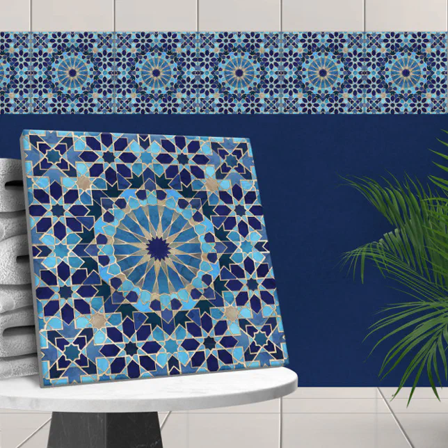 Moroccan Mosaic Blues and gold Ceramic Tile | Zazzle