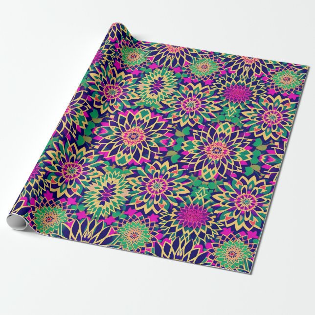 Moroccan mosaic boho geometric flowers gold purple wrapping paper (Unrolled)