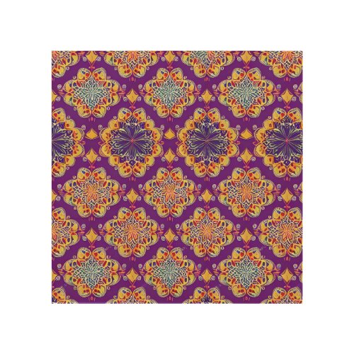 Moroccan mosaic boho geometric gold flowers purple wood wall art