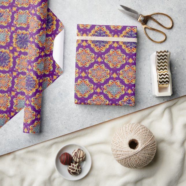 Moroccan mosaic boho geometric gold flowers purple wrapping paper (Crafts)