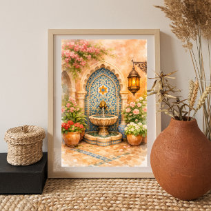 Moroccan Mosaic Fountain Watercolor Poster