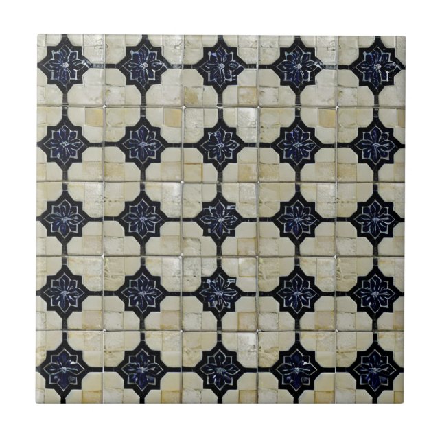 Moroccan mosaic geometric cream navy blue  ceramic tile (Front)