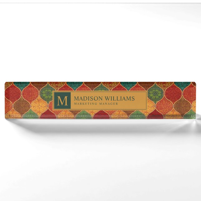 Moroccan Mosaic Geometric Seamless Aztec Pattern Desk Name Plate (Front)