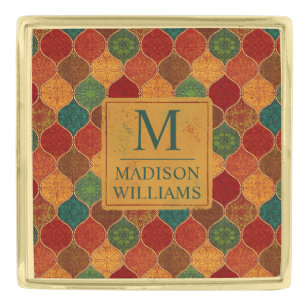 Moroccan Mosaic Geometric Seamless Aztec Pattern Gold Finish Lapel Pin