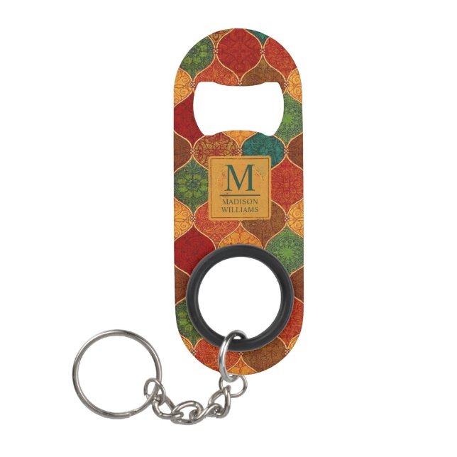 Moroccan Mosaic Geometric Seamless Aztec Pattern Keychain Bottle Opener (Front)