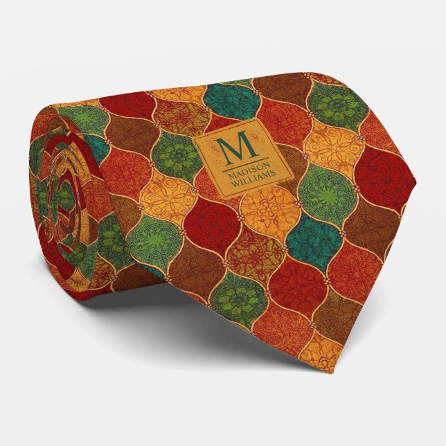Moroccan Mosaic Geometric Seamless Aztec Pattern Neck Tie (Rolled)
