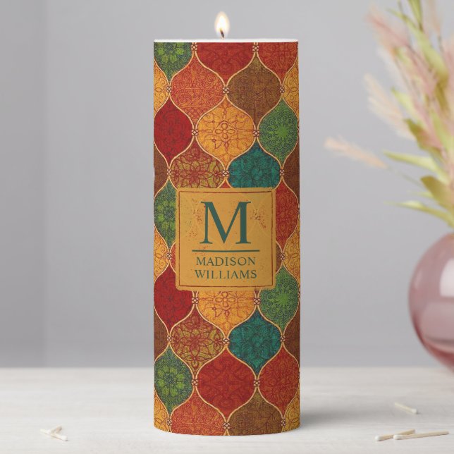 Moroccan Mosaic Geometric Seamless Aztec Pattern Pillar Candle (In Situ)