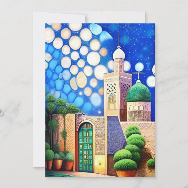 Moroccan mosaic mosque blue azure Eid Mubarak Invitation (Front)