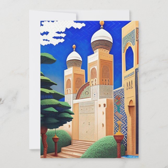Moroccan mosaic mosque blue green art Eid Mubarak Invitation (Front)