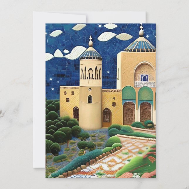 Moroccan mosaic mosque blue green Eid Mubarak Invitation (Front)