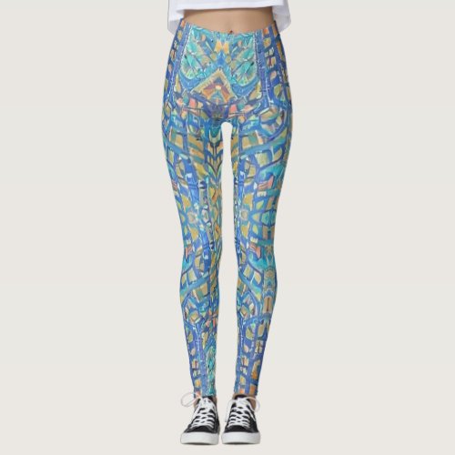 Moroccan mosaic multicolor gold turquoise blue  leggings