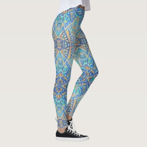 Moroccan mosaic multicolor turquoise aqua blue  leggings