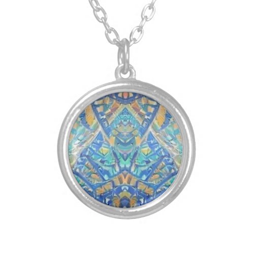 Moroccan mosaic multicolor turquoise aqua blue  silver plated necklace