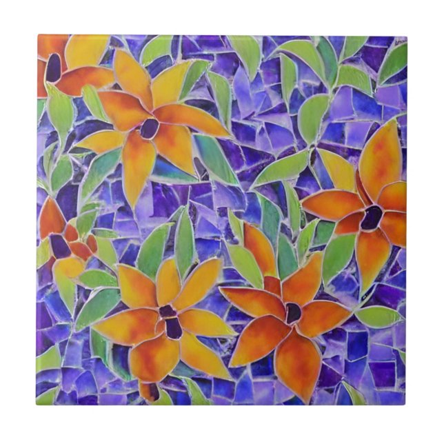 Moroccan mosaic purple tile orange flowers (Front)