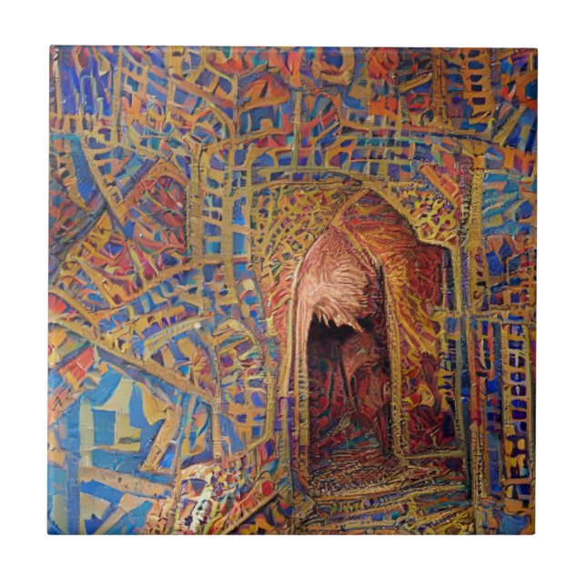 Moroccan mosaic red gold blue geometric art ceramic tile (Front)