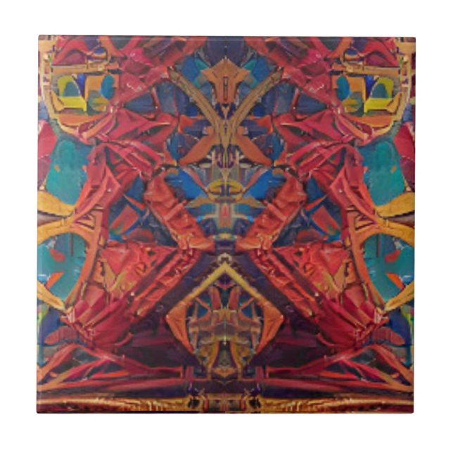 Moroccan mosaic red gold turquoise blue geometric ceramic tile (Front)
