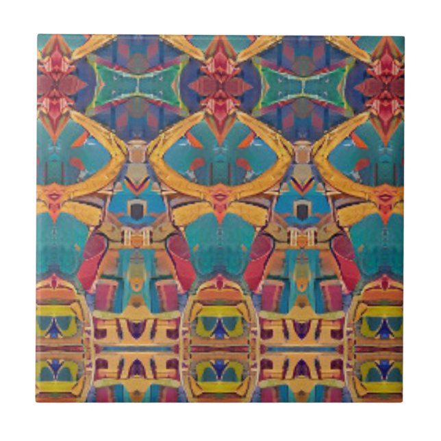Moroccan mosaic red gold turquoise blue geometric ceramic tile (Front)