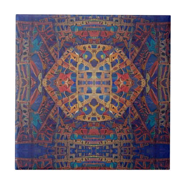 Moroccan mosaic red gold turquoise geometric art c ceramic tile (Front)