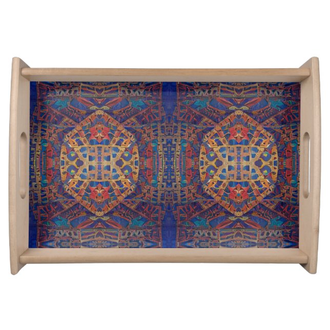 Moroccan mosaic red gold turquoise geometric art serving tray (Front)