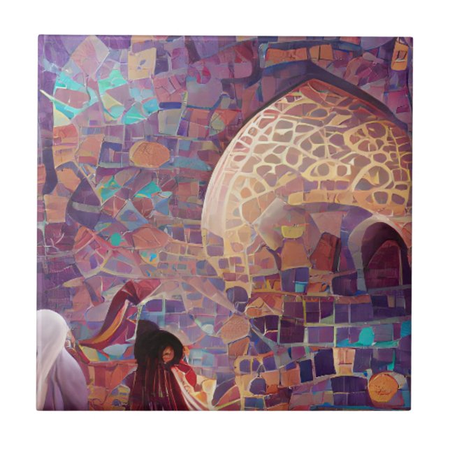 Moroccan mosaic red purple turquoise geometric art ceramic tile (Front)