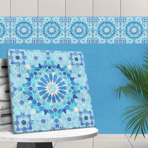 Moroccan Mosaic Sky Blue and Pearl Ceramic Tile