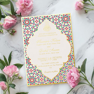 Moroccan Mosaic Terracotta Stones Islamic Wedding  Foil Invitation