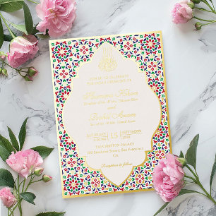 Moroccan Mosaic Terracotta Stones Islamic Wedding  Foil Invitation