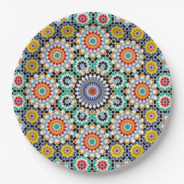 Moroccan Mosaic Traditional Boho Pattern Paper Plates (Front)