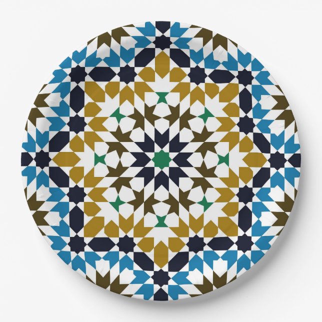 Moroccan Mosaic Traditional Geometric Boho Pattern Paper Plates (Front)