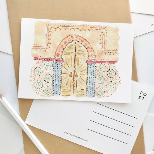 Moroccan Mosque Doors Watercolor Travel Postcard