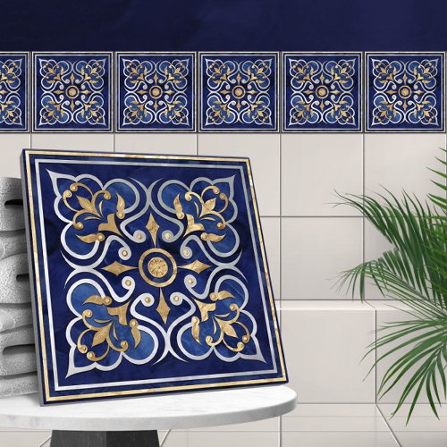 Moroccan  Ornament Blue Marble  Gold Ceramic Tile