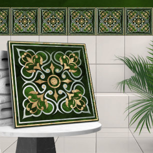 Moroccan  Ornament Green Marble & Gold Ceramic Tile