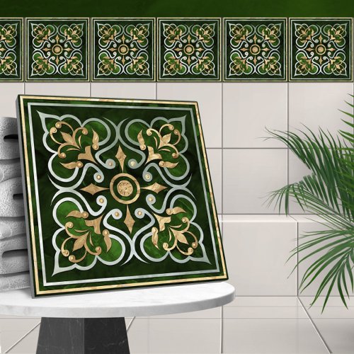 Moroccan  Ornament Green Marble  Gold Ceramic Tile