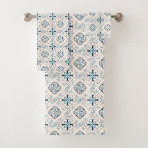 Moroccan ornaments blue cream ethnic stylish East Bath Towel Set