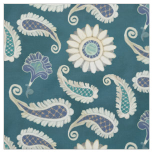 Moroccan Paisley Floral Art Pattern Peacock Blue Fabric
