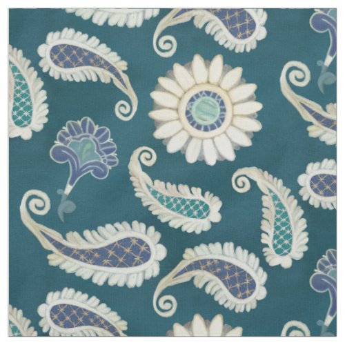 Moroccan Paisley Floral Art Pattern Peacock Blue Fabric