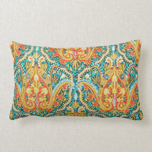 Moroccan Paisley in Aqua Blue and Tangerine Orange Lumbar Pillow