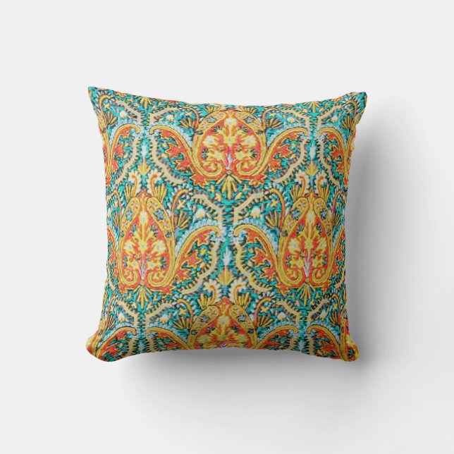 Moroccan Paisley in Aqua Blue and Tangerine Orange Throw Pillow (Front)