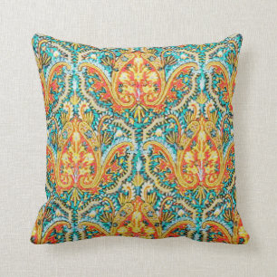 Moroccan Paisley in Aqua Blue and Tangerine Orange Throw Pillow