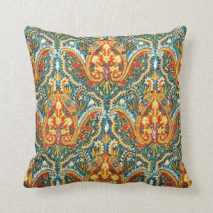 Moroccan Paisley in Aqua Blue and Tangerine Orange Throw Pillow