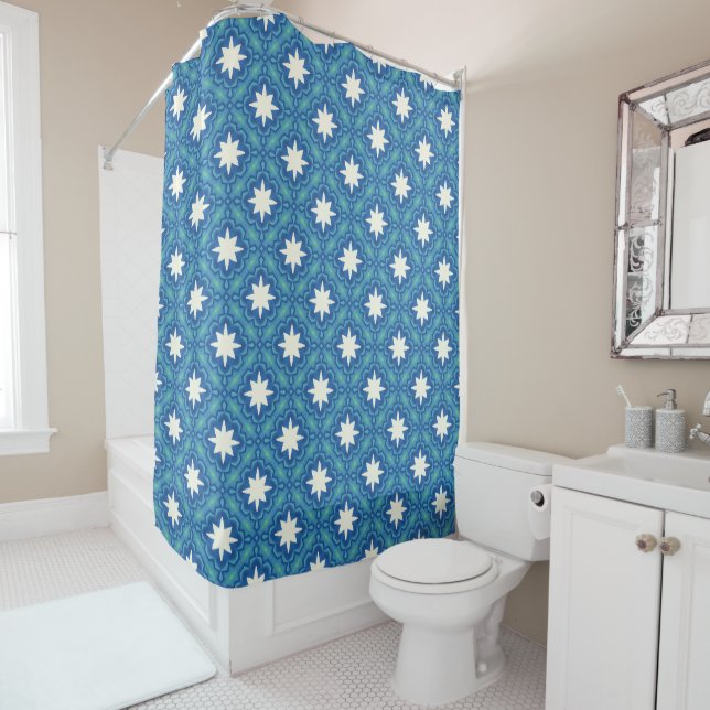 Moroccan Pattern Blue and White Geometric Boho Shower Curtain (In Situ)