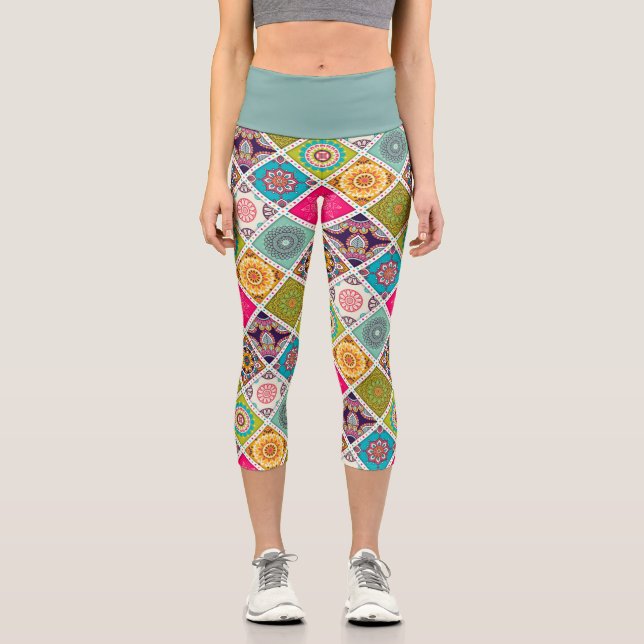Moroccan pattern colorful funky art capri leggings (Front)