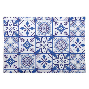 Moroccan Pattern in Blue, White, & Black Cloth Placemat