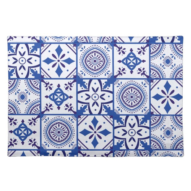 Moroccan Pattern in Blue, White, & Black Cloth Placemat (Front)