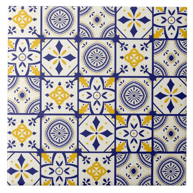 Moroccan Pattern in Blue, Yellow, Cream Ceramic Tile (Front)