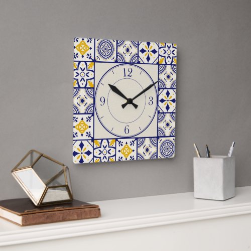 Moroccan Pattern in Blue Yellow Cream Square Wall Clock