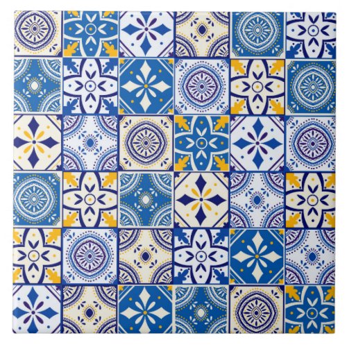 Moroccan Pattern in Blue Yellow Cream Teal White Ceramic Tile