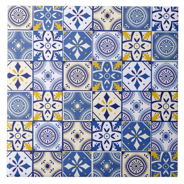 Moroccan Pattern in Blue Yellow Cream Teal White Ceramic Tile (Front)