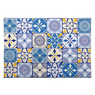Moroccan Pattern in Blue Yellow Cream Teal White Cloth Placemat