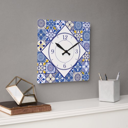 Moroccan Pattern in Blue Yellow Cream Teal White Square Wall Clock